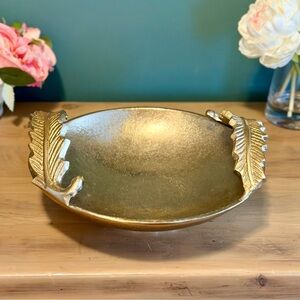 Gold Decorative Bowl Leaf Handles Vintage Style Centerpiece Dish
